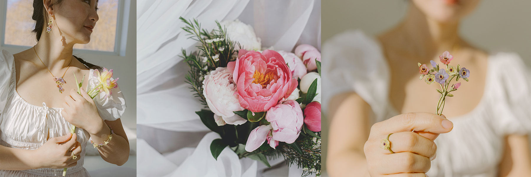 A woman in a white dress holds floral jewelry and a small bouquet; a close-up of pink and white flowers is shown in the center.