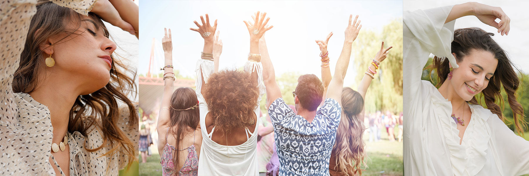 A group of people outdoors raise their hands in celebration, flanked by close-up images of women with eyes closed and relaxed expressions, all wearing light clothing.