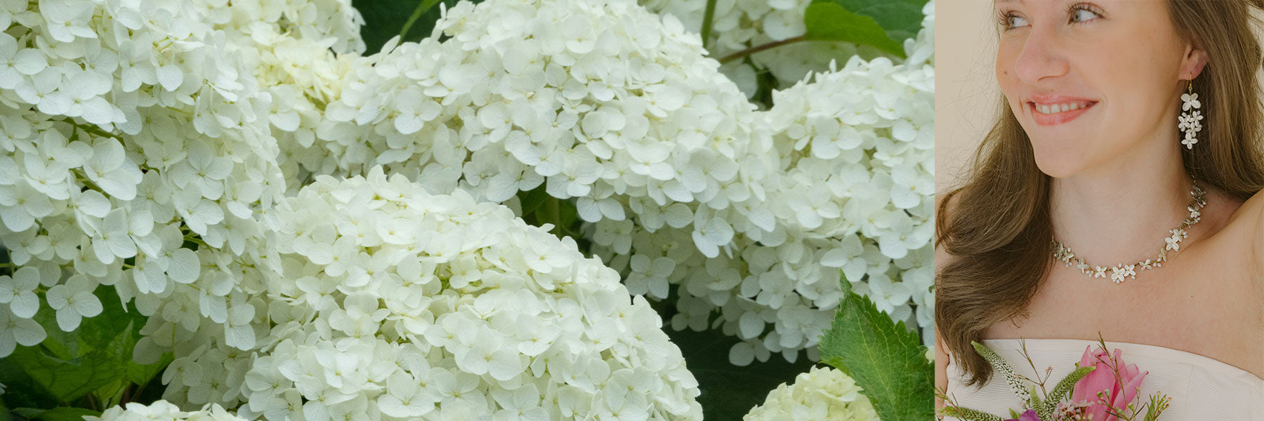 A woman wearing floral jewelry and holding a bouquet is shown alongside a close-up of white hydrangea flowers.