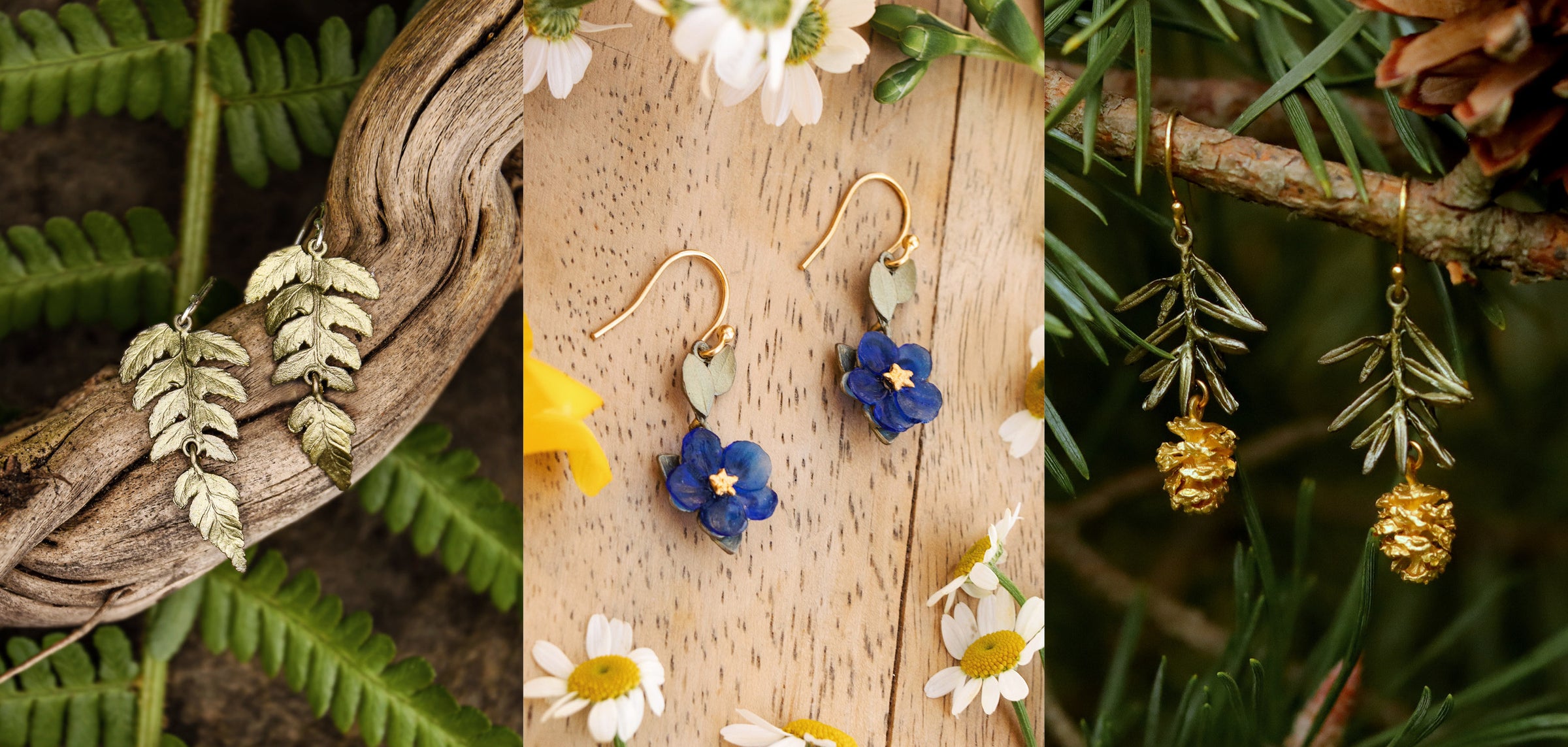 Three pairs of earrings displayed on a wooden surface with natural elements.