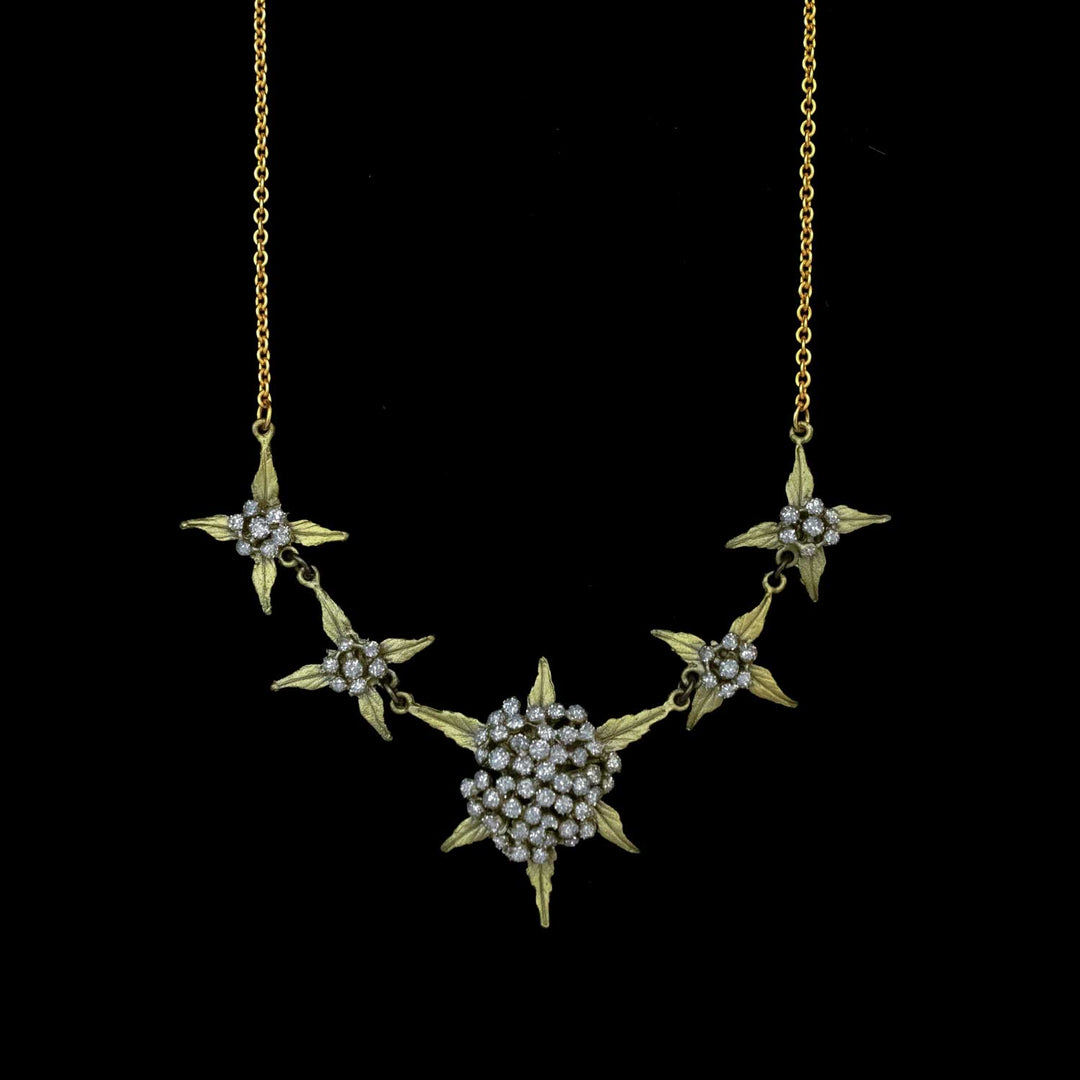 Green leaf necklace with star-shaped pendants on a black background