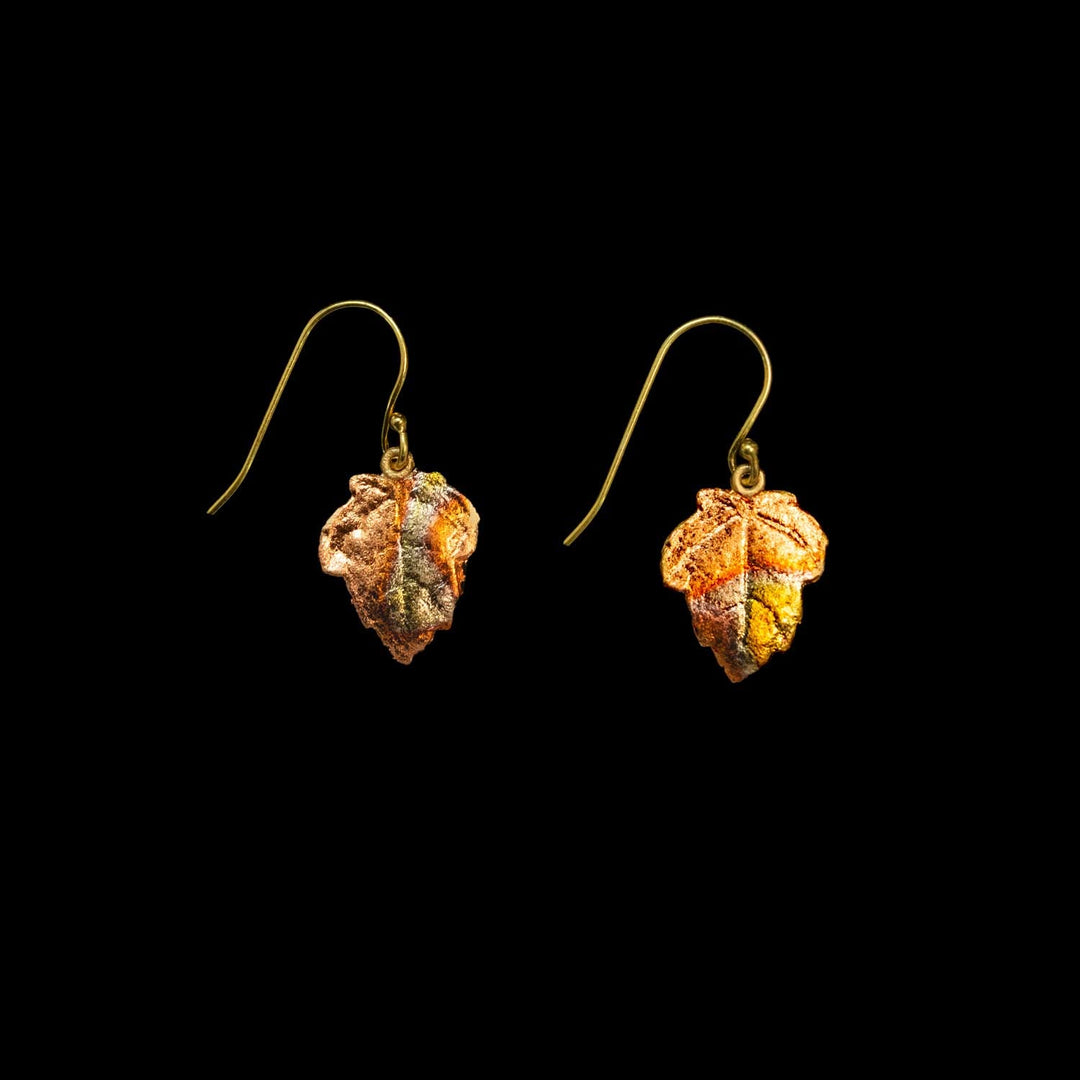 A pair of gold-tone fishhook earrings with dangling textured leaf charms in warm autumn colors, shown on a solid black background.