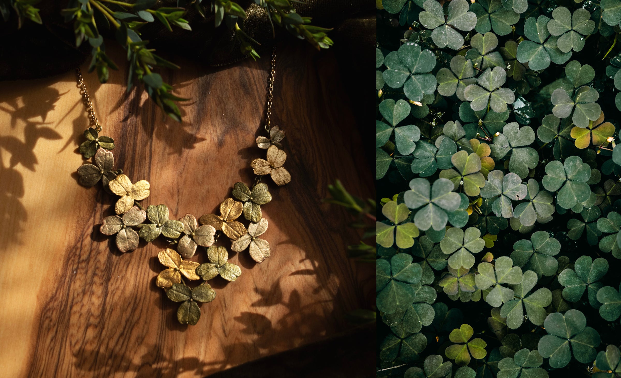 A necklace with metallic, leaf-shaped pendants is displayed on a wooden surface with leafy shadows. On the right, there is a close-up of green clover leaves in various shades.