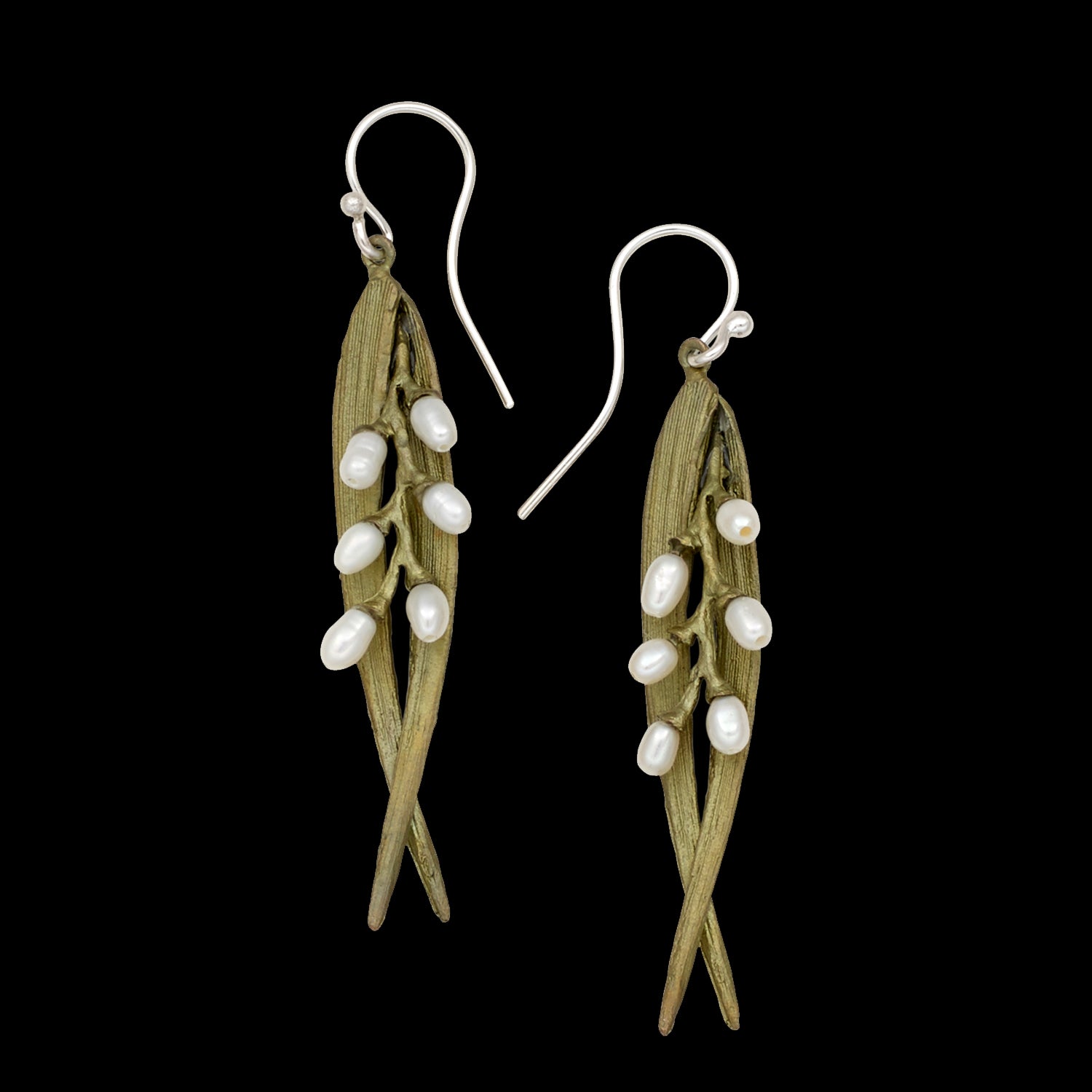 Rice Earrings - Double Leaf Pearl Wire