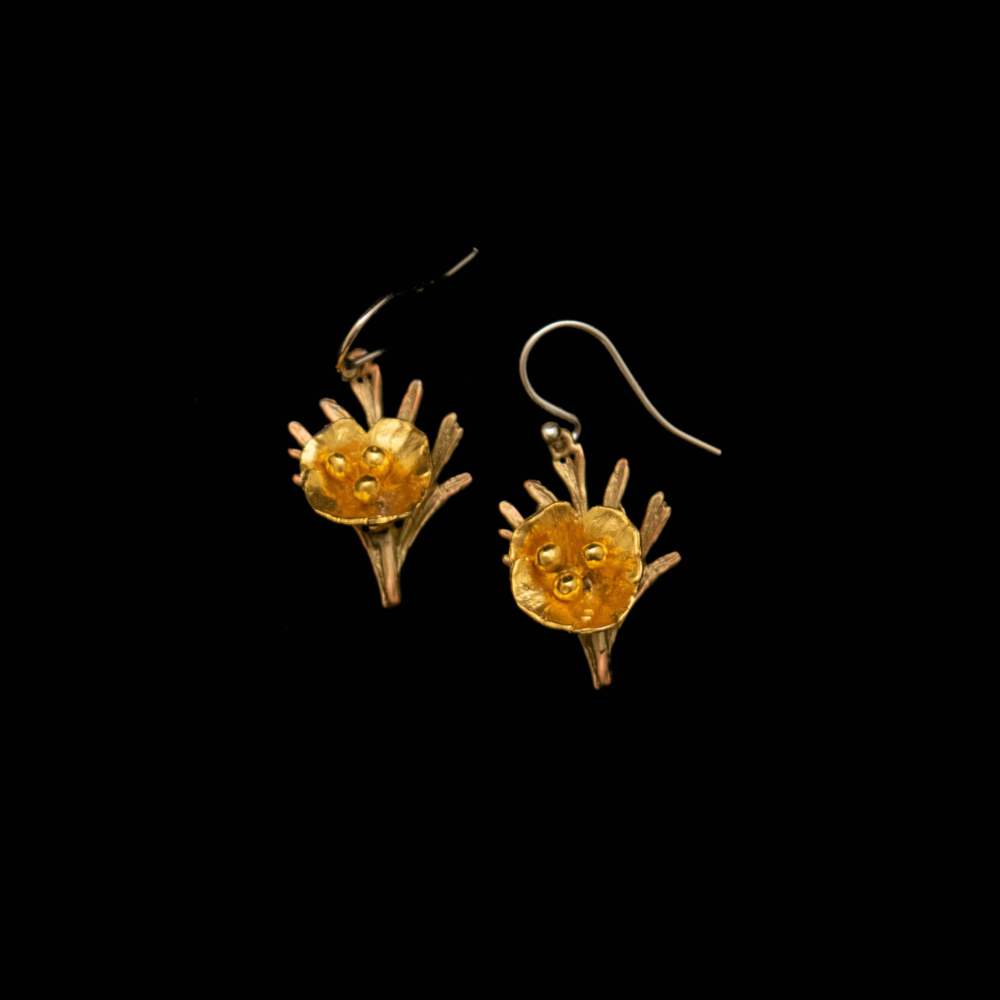 Fine California Poppy Earrings - Leaf Wire