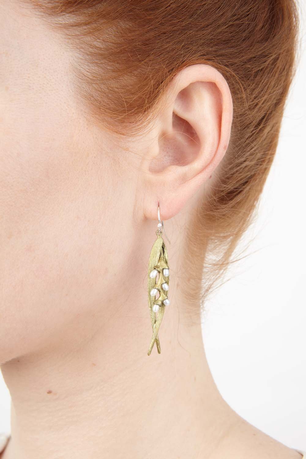 Rice Earrings - Double Leaf Pearl Wire