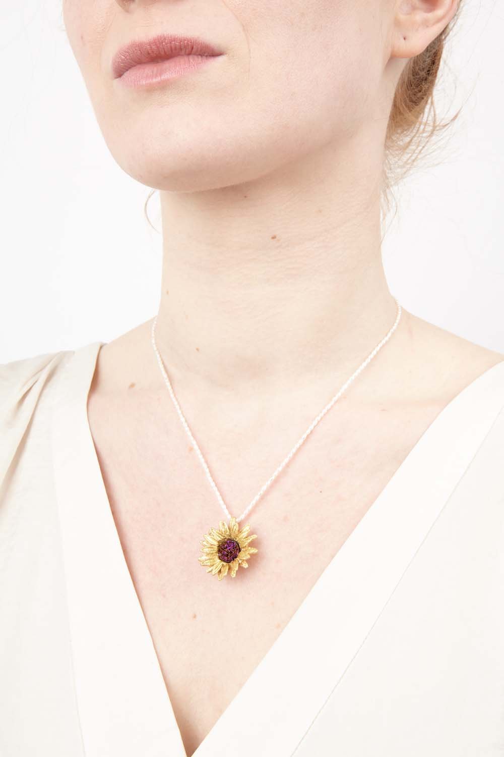 Sunflower Pendant White Pearls